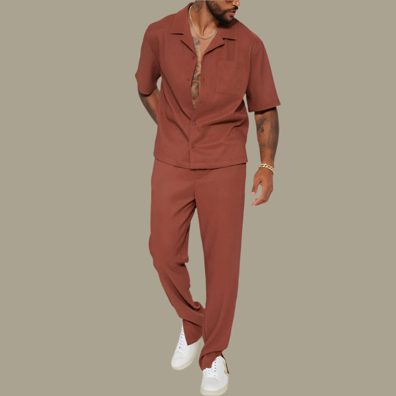 Ensemble décontracté homme – Coupe ample – Chemise à col manches courtes – Pantalon long – Tissu respirant