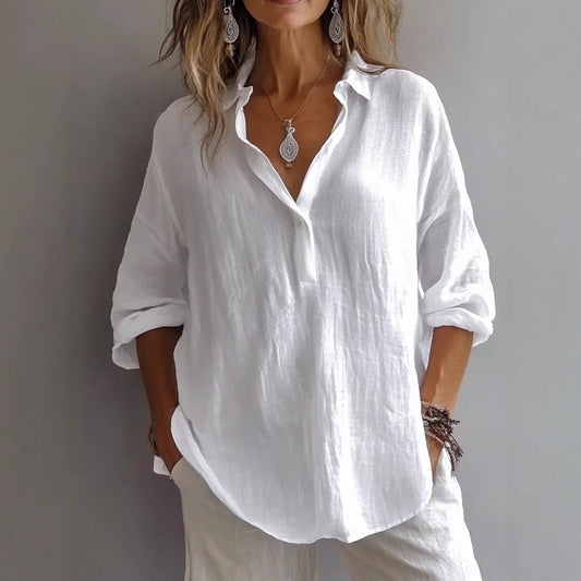 Women's Shirt – V-Neck – Loose Fit – Long Sleeves – Breathable Natural Fibers
