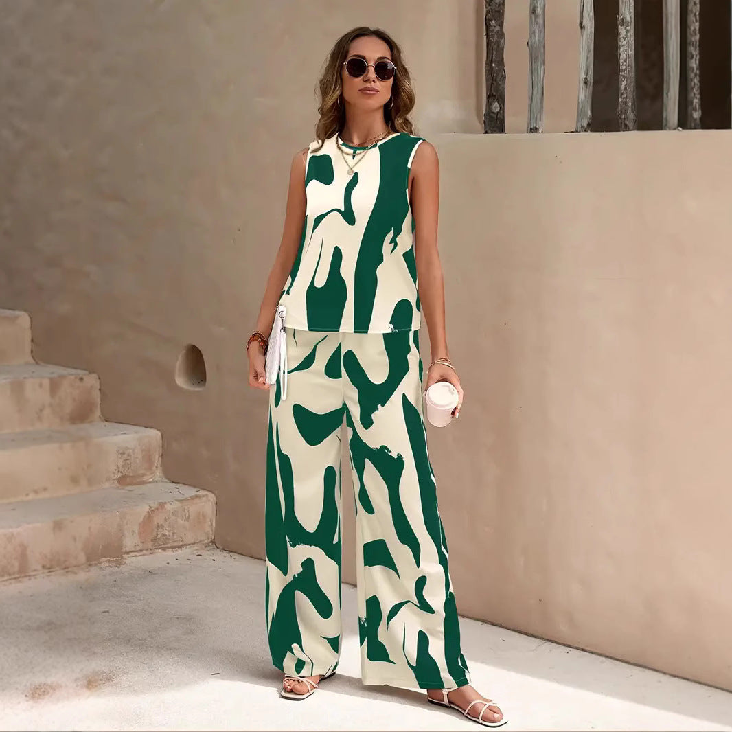 Women's 2-Piece Set – Sleeveless Top – Wide-Leg Pants – Relaxed Fit – Breathable Fabric