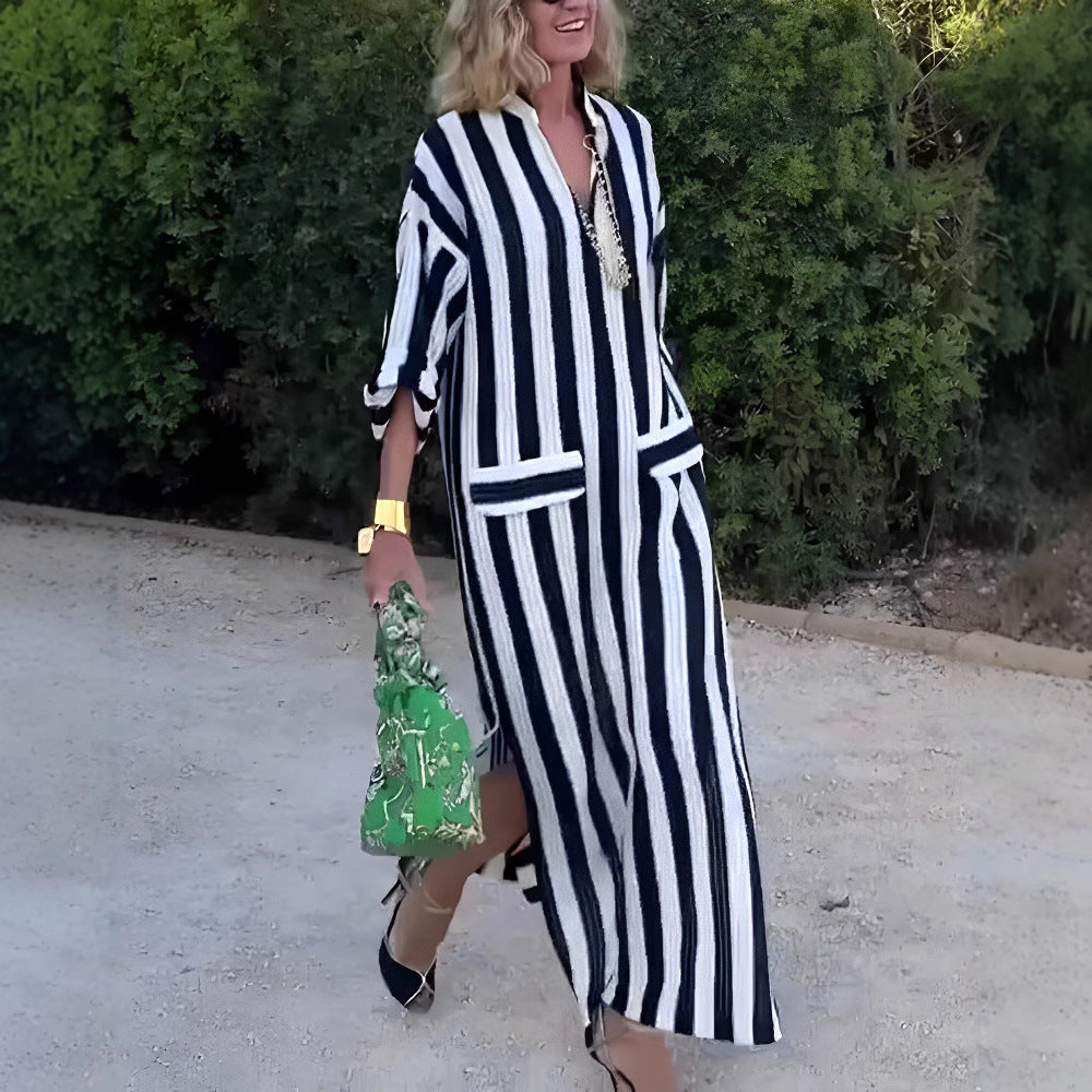 Women's long dress – Flowing cut – Vertical stripes – Breathable fabric – V-neck