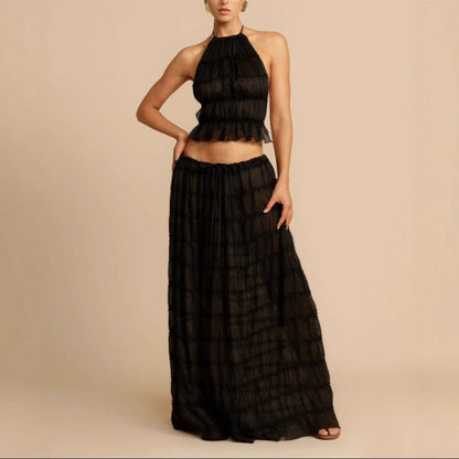 Women's Two-Piece Set – Ruched Halter Top – Long Skirt Elastic Waist – Breathable Fabric