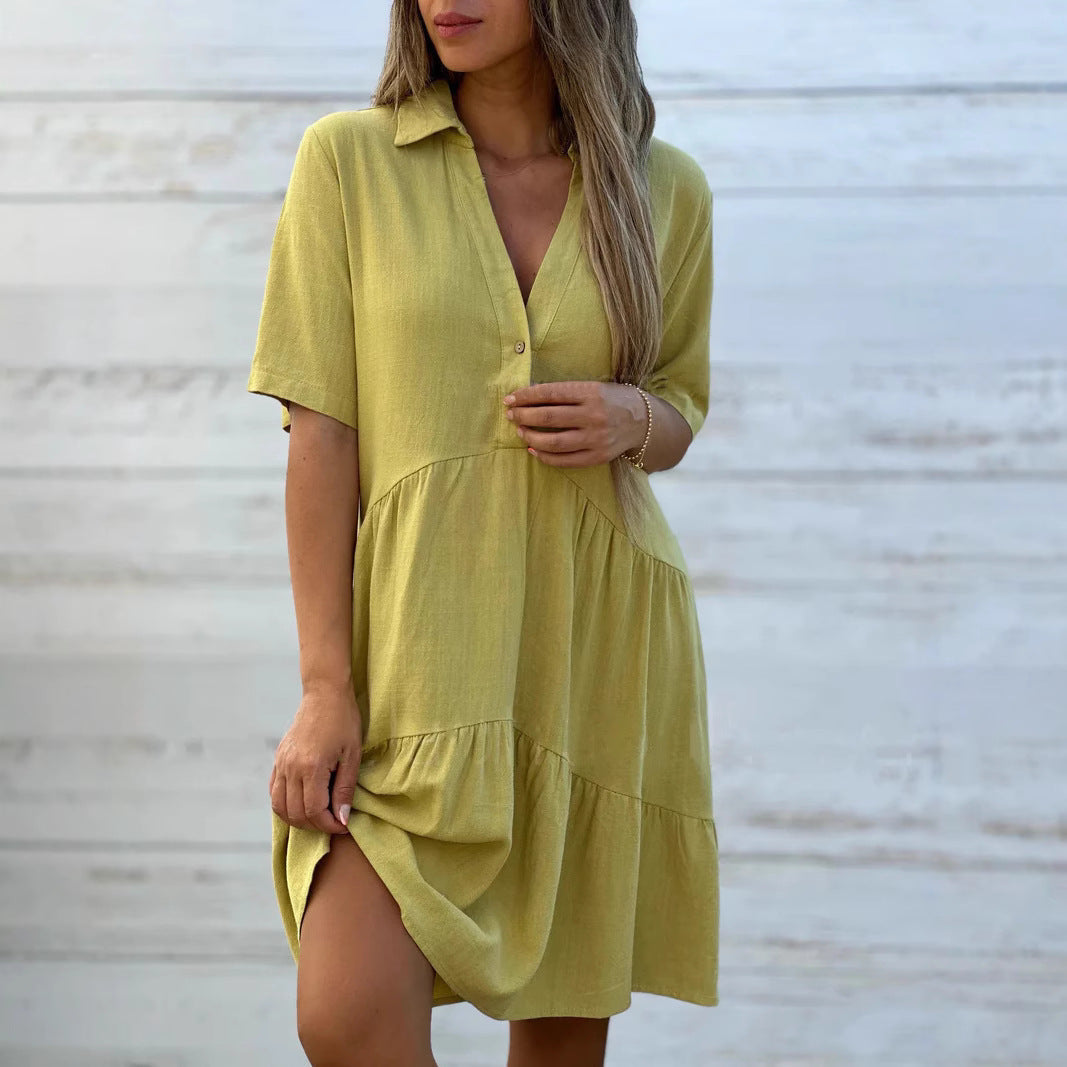 Women's trapeze dress – Breathable natural fibers – Short sleeves – Buttoned V-neck