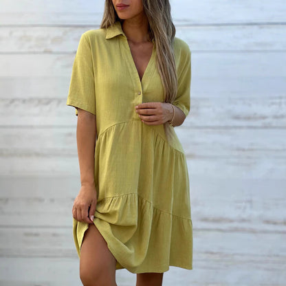 Women's trapeze dress – Breathable natural fibers – Short sleeves – Buttoned V-neck