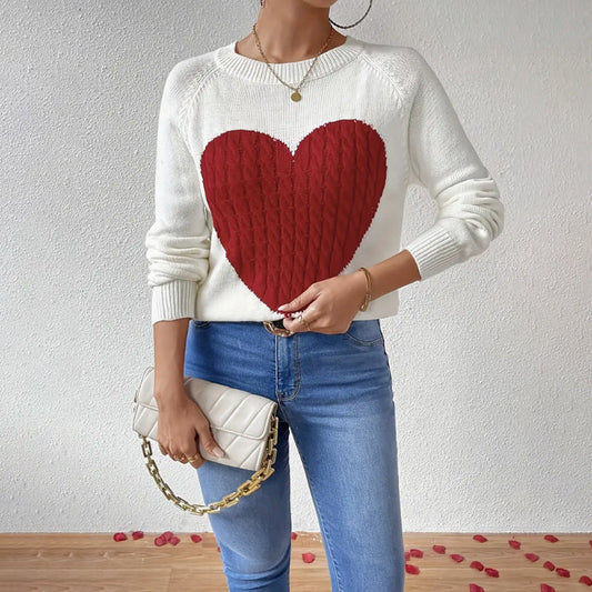 Women's Sweater – Soft Knit – Relaxed Fit – Heart Motif – Casual Round Neck