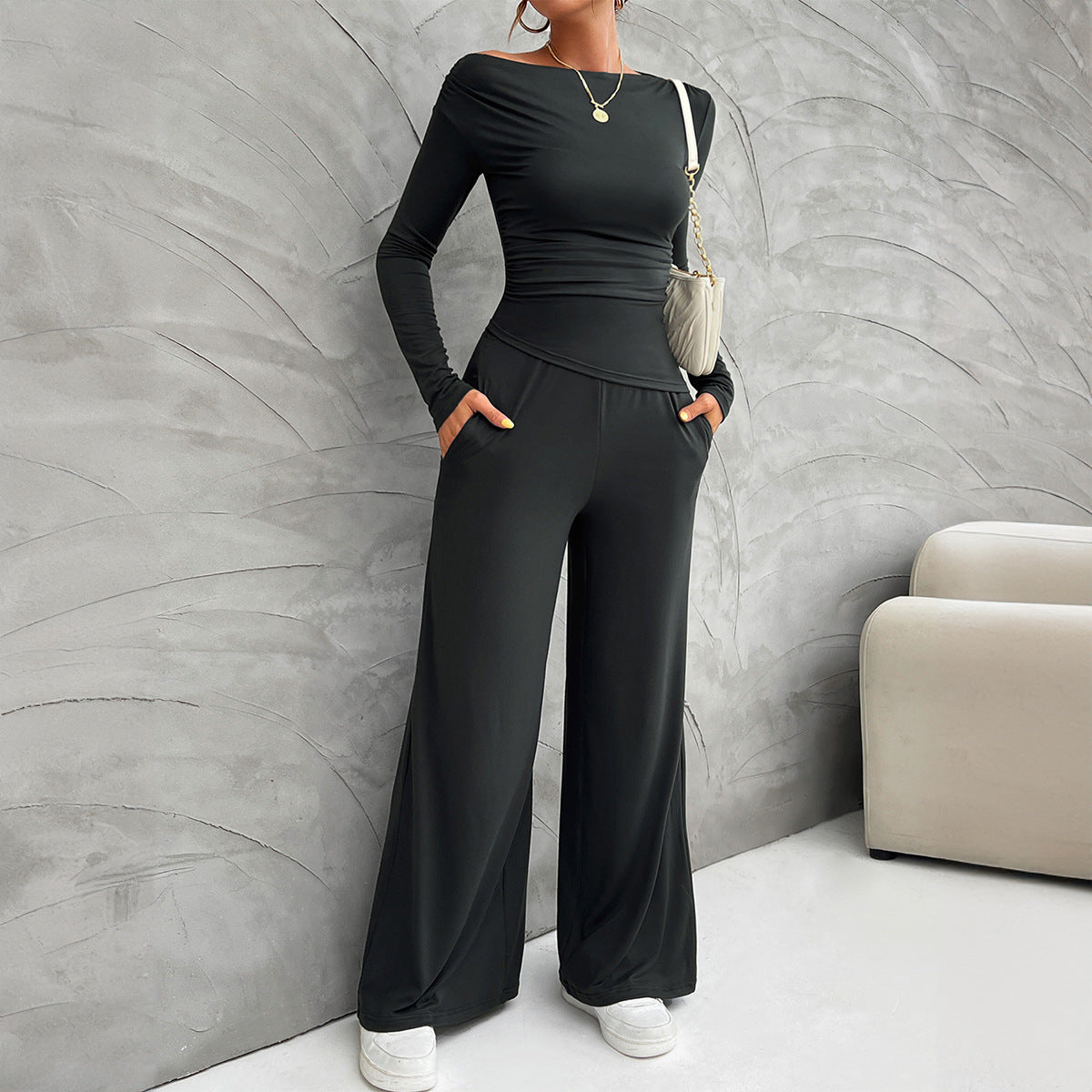 Ensemble femme – Haut ajusté manches longues – Pantalon large taille haute fluide