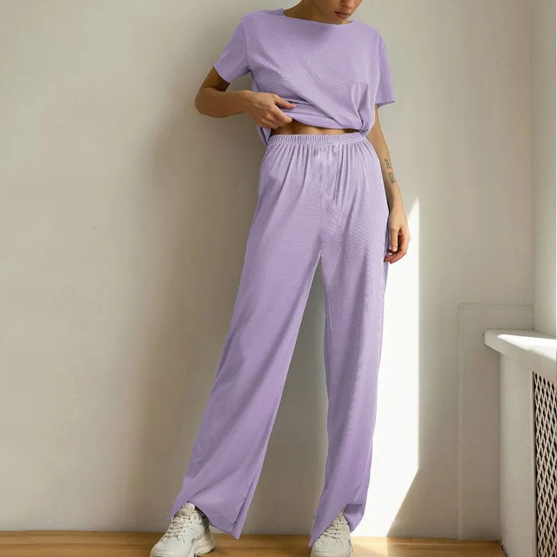 Women's Lounge Set – Cropped Top Short Sleeves – Wide Leg Pants – Breathable Fabric