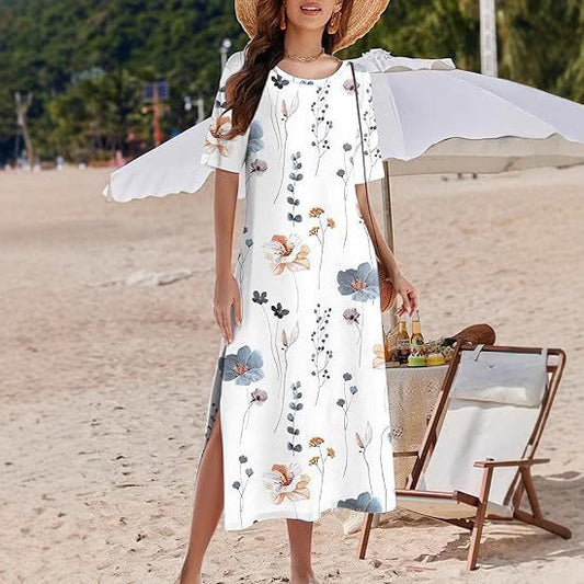 Women's long dress – Fluid cut – Floral print – Short sleeves – Breathable fabric
