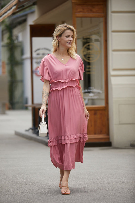 Women's long dress – Lightweight breathable fabric – Butterfly sleeves – V-neck – Flowing cut