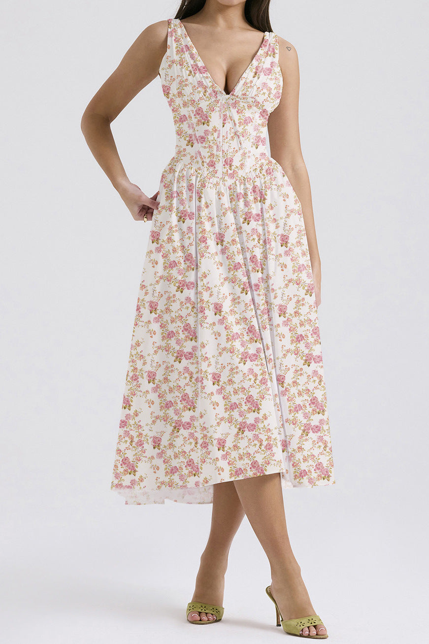 Robe femme sans manches – Décolleté en V – Coupe évasée – Imprimé fleuri – Longueur midi