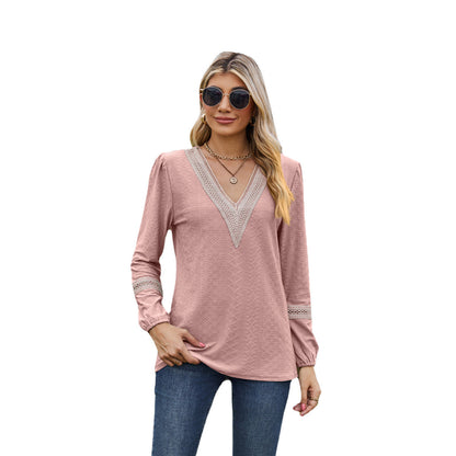 T-shirt women's long sleeves – Loose fit – V-neck lace – Soft breathable fabric
