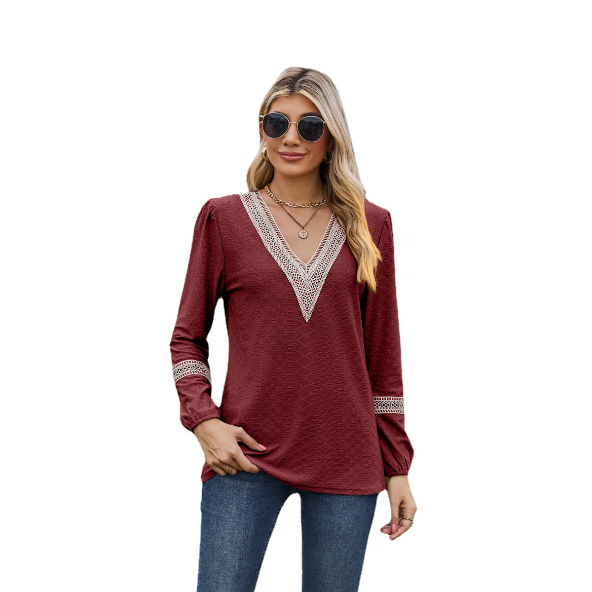T-shirt women's long sleeves – Loose fit – V-neck lace – Soft breathable fabric