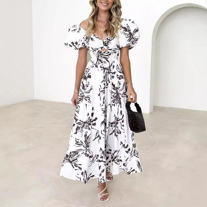 Robe longue femme – Imprimé élégant – Manches bouffantes – Coupe fluide – Tissu respirant