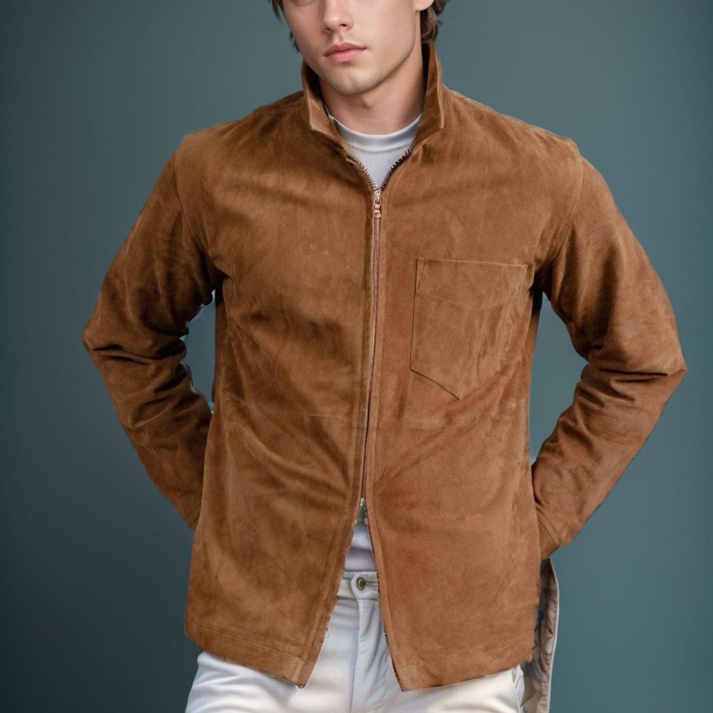 Veste homme – Coupe slim – Suédine – Col montant – Fermeture zippée – Style décontracté