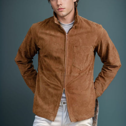 Veste homme – Coupe slim – Suédine – Col montant – Fermeture zippée – Style décontracté
