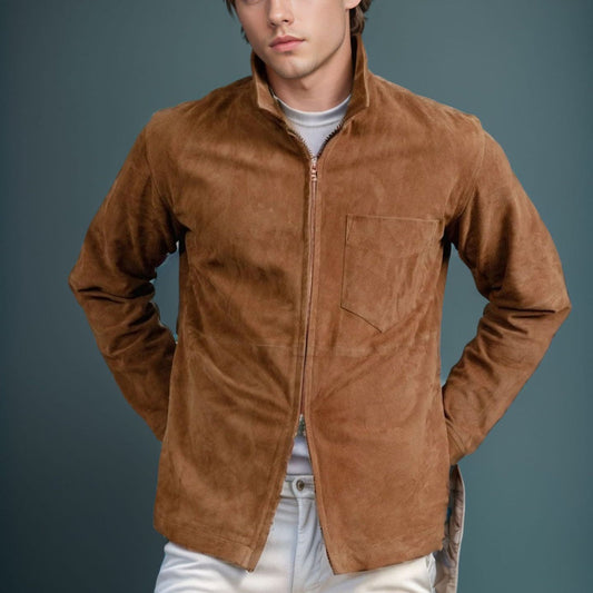 Veste homme – Coupe slim – Suédine – Col montant – Fermeture zippée – Style décontracté
