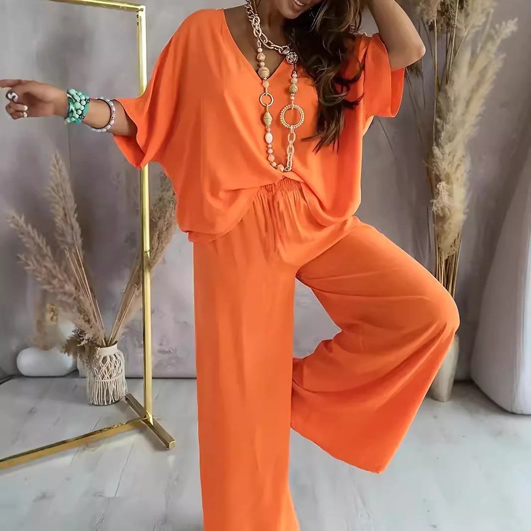 Women's Two-Piece Set – Breathable Fabric – Loose Fit – V-Neck Top – Wide-Leg Pants