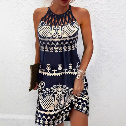 Women's dress – Fitted cut – Openwork halter neck – Foliage print – Mini length