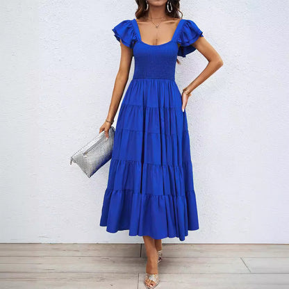 Women's long dress – Ruffled straps – Smocked bustier – Flowing flared cut