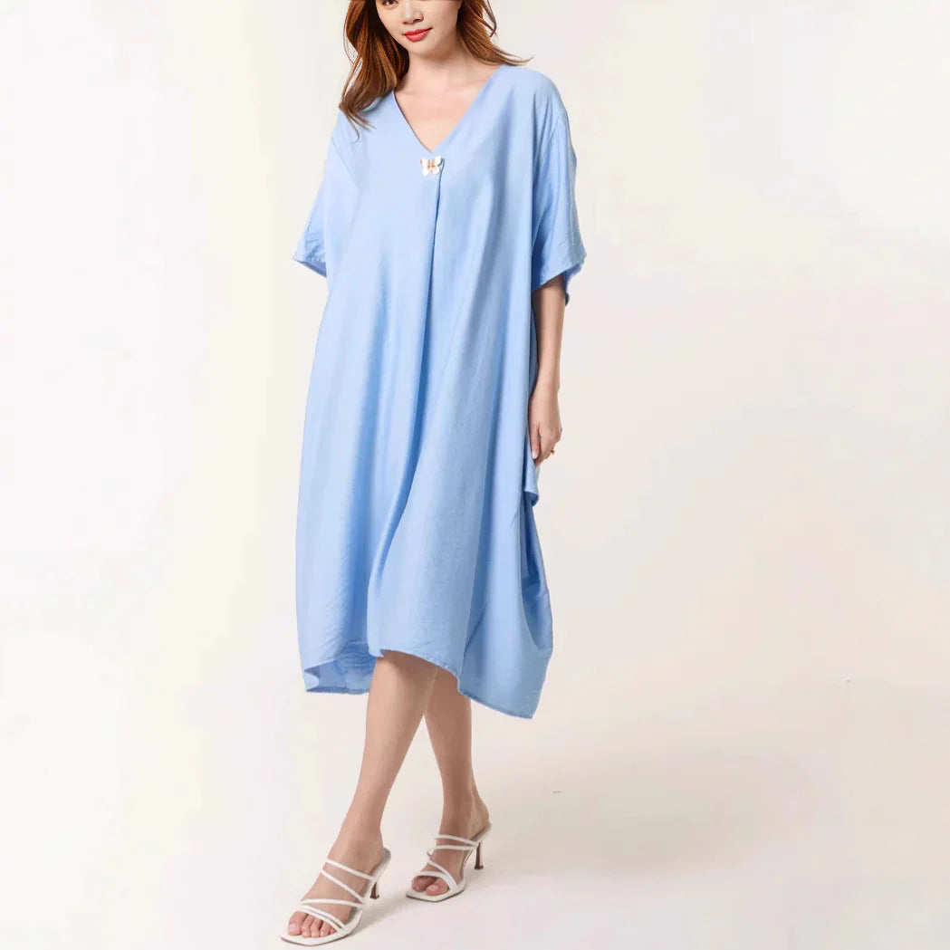 Women's tunic dress – Relaxed fit – V-neck – Midi length – Soft breathable fabric