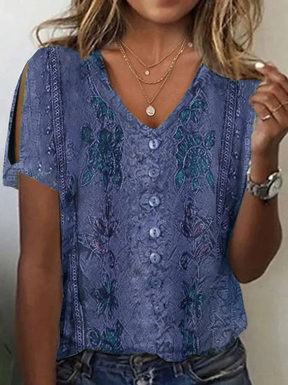 Women's blouse – Relaxed fit – Buttoned V-neck – Bohemian embroidery – Lightweight fabric