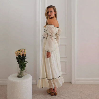 Ensemble Femme – Haut Épaules Dénudées et Jupe Longue – Coupe Ample – Détail Volants