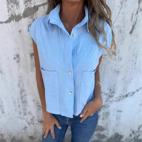 Women's sleeveless top – Loose fit – Natural fibres – Buttoned with pockets