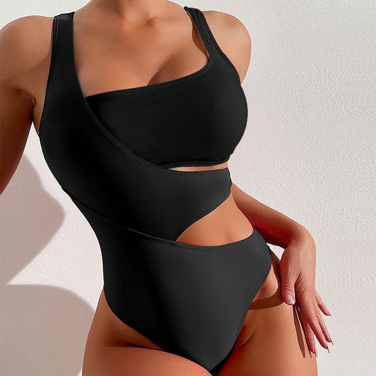 Women's one-piece swimsuit – Asymmetrical shoulder – Sculpting cut – Smooth stretch fabric