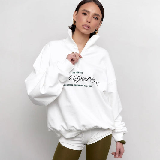 Sweatshirt femme – Coupe oversize – Col demi-zip – Imprimé lettre – Coton mélangé