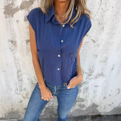 Women's sleeveless top – Loose fit – Natural fibres – Buttoned with pockets