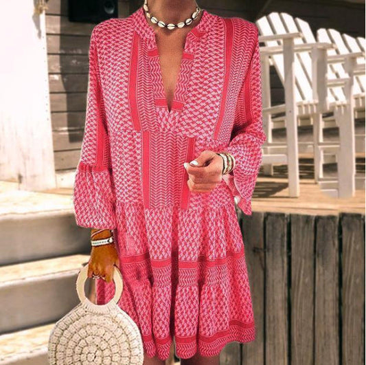 Women's Dress A-Line – Long Sleeves – V-Neck – Ruffled Hem – Breathable Fabric