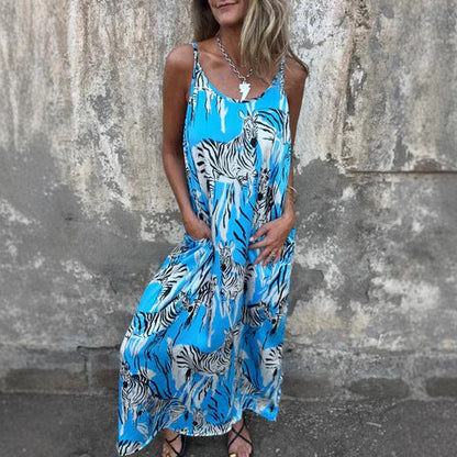 Women's long dress – Loose fit – Natural fibers – Adjustable straps – Pockets