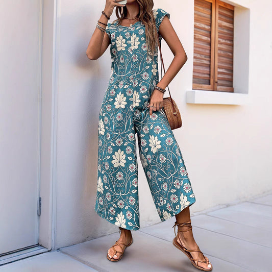 Women's jumpsuit – Relaxed fit – Wide legs – Short sleeves – Floral print