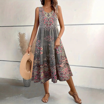 Women's midi dress – Flared cut – Sleeveless – U-neck – Floral print – Cotton