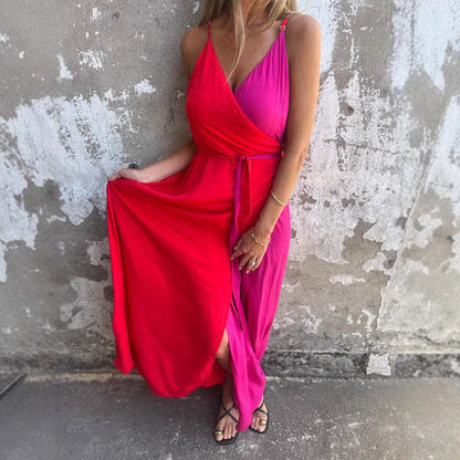 Women's long dress – Backless – Tied waist – Asymmetrical hem – Luxurious fluid fabric