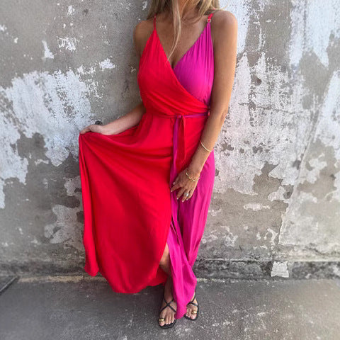 Women's long dress – Backless – Tied waist – Asymmetrical hem – Luxurious fluid fabric