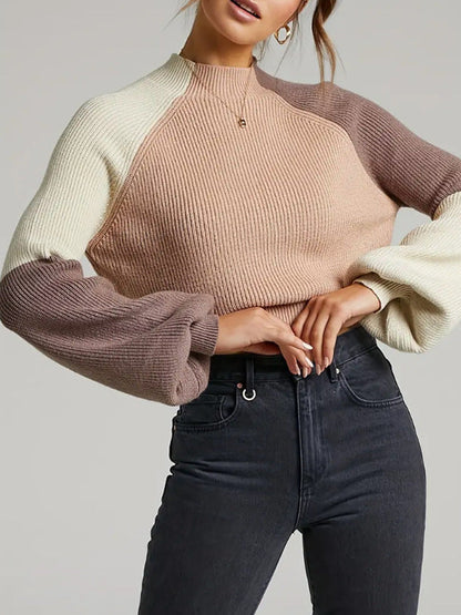 Pull femme – Coupe oversize – Tricot doux – Col montant – Manches évasées – Color block