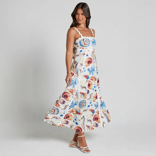 Robe longue femme – Fibres naturelles – Coupe ample – Bretelles fines – Imprimé décontracté
