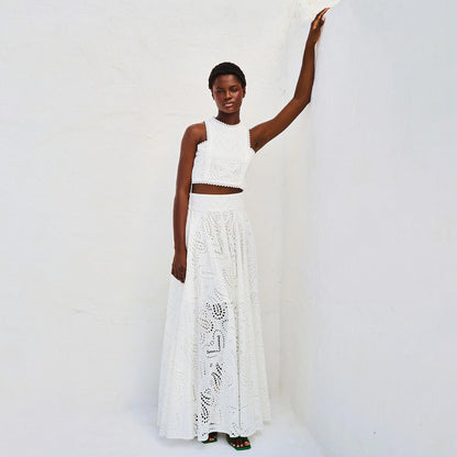 Women's Set – Cropped Sleeveless Top – Long Flared Skirt – Embroidered Details
