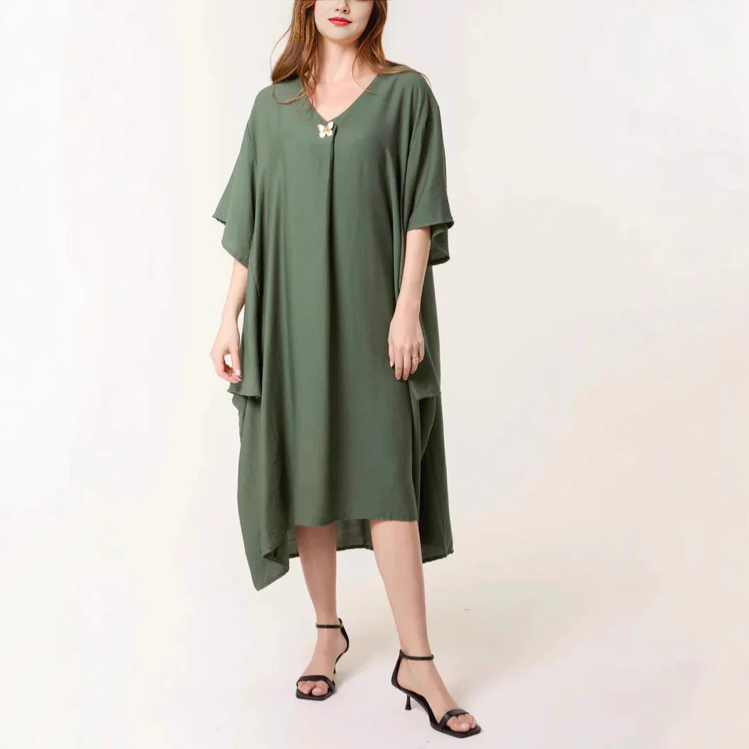 Women's tunic dress – Relaxed fit – V-neck – Midi length – Soft breathable fabric
