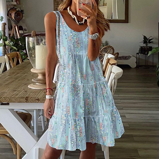 Women's sleeveless dress – Flowing cut – Round neck – Ruffles