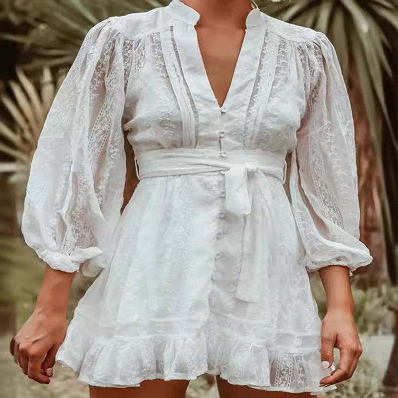 Women's mini dress – Breathable fabric – Long balloon sleeves – Self-tie belt – Ruffled hem