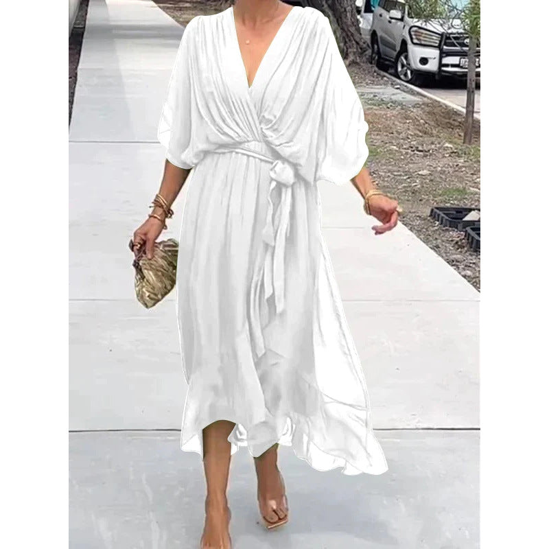 Women's long dress – Fluid fabric – Batwing sleeves – Tied belt – Asymmetrical hem