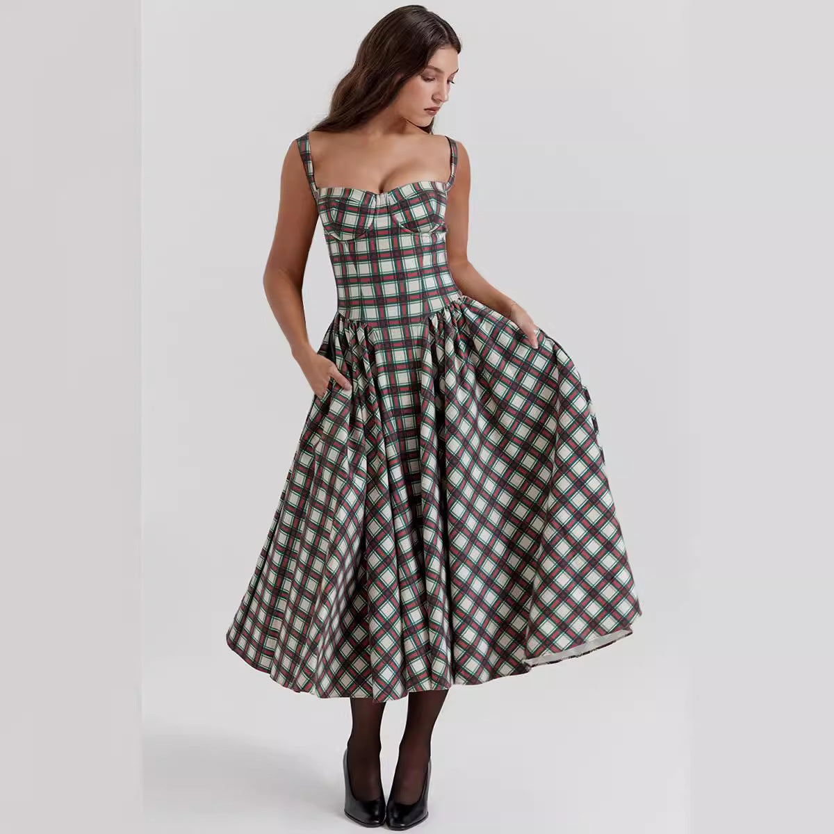 Women's long dress – Breathable flowing fabric – Checked pattern – With pockets