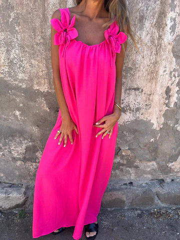 Women's long dress – Relaxed fit – Breathable flowing fabric – Floral shoulders