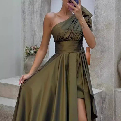 Women's evening dress – Asymmetrical one-shoulder – Luxury fabric – Voluminous slit skirt