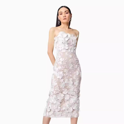 Women's Bustier Dress – Slim Fit – Lightweight Tulle – 3D Floral Appliqués – Midi Length