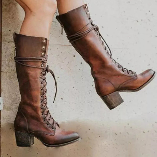 Bottes hautes femme – Talon épais – Laçage ajustable – Fermeture zippée