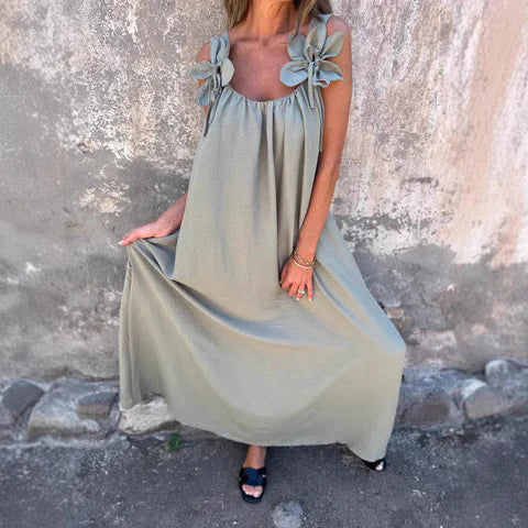 Women's long dress – Relaxed fit – Breathable flowing fabric – Floral shoulders