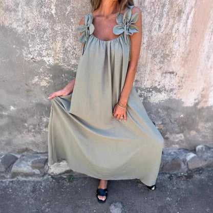 Women's long dress – Relaxed fit – Breathable flowing fabric – Floral shoulders