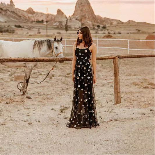 Women's evening dress – Fitted cut – Flowing voile – Star appliqués – Maxi length